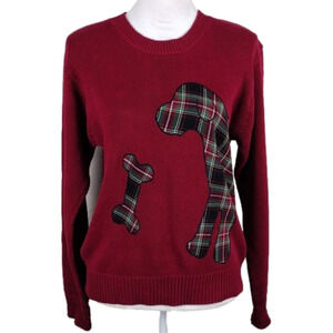 Leon Levin Hand Loomed Red Plaid Dog Applique Crew Neck Pullover Sweater Top